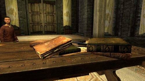 Skyrim screenshot of a stack of books