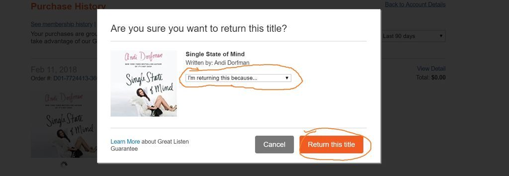 Screenshot showing "Are You Sure You Want to Return?" screen on audible
