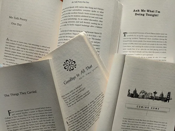 Five open books spread out to show short memoirs listed in the article