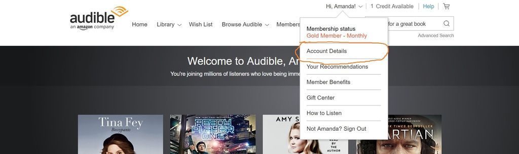 Screen grab from Audible website, showing where to locate Account Details at top right of screen