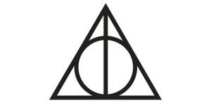 Deathly Hallows logo from Harry Potter, a triangle with a straight line bisecting it and a circle filling the triangle