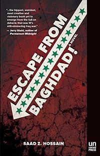 cover of Escape from Baghdad! by Saad Hossain; brown with white arrow full of green stars pointing down between the title text