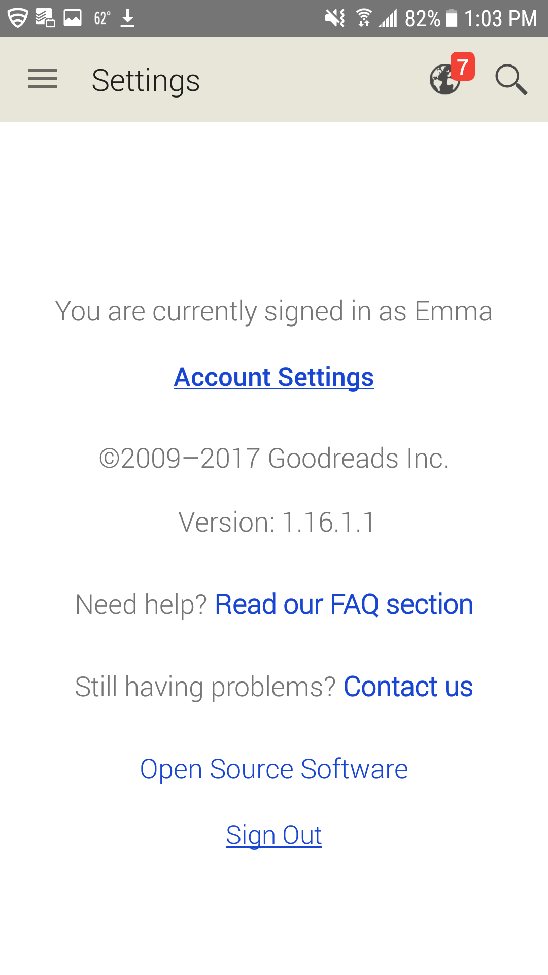 Goodreads Mobile Settings Page