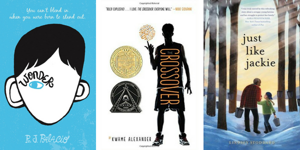Middle Grade Realistic Fiction Books - Wonder by R.J. Palacio, The Crossover by Kwame Alexander, and Just Like Jackie by Lindsey Stoddard