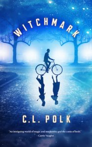 Cover of Witchmark with a person riding a bicycle on a blue background with two people reflected in the ground