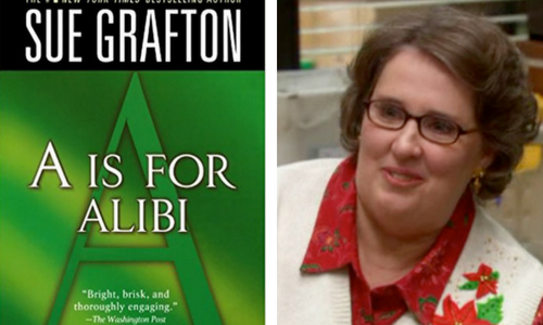 A is for Alibi book cover and Phyllis from The Office