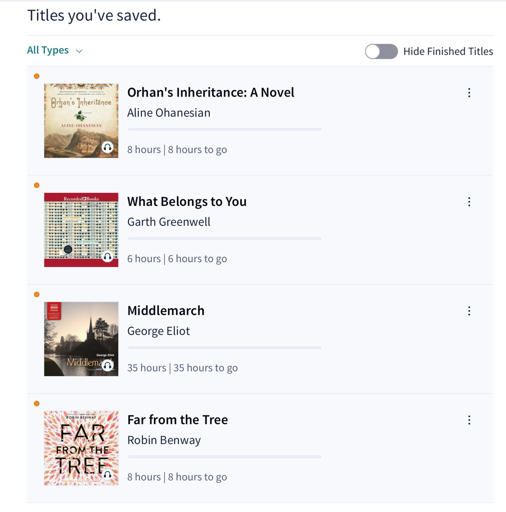 Screenshot of a list of saved titles on Scribd