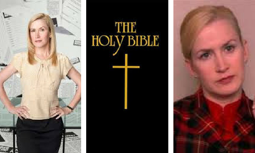 The Holy Bible cover and Angela from The Office