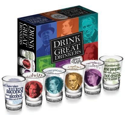 Six shot glasses with quotes and author images