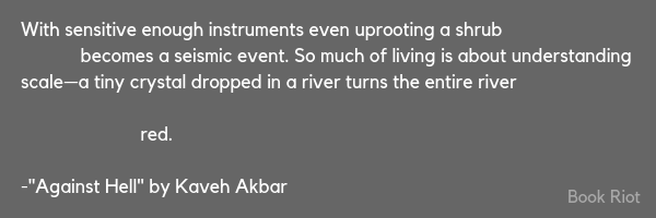 Excerpt from "Against Hell" by Kaveh Akbar that reads "With sensitive enough instruments even uprooting a shrub / becomes a seismic event. So much of living is about understanding / scale—a tiny crystal dropped in a river turns the entire river // red."