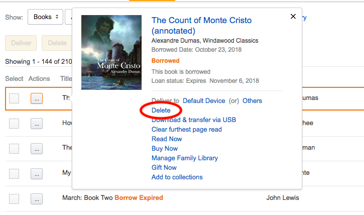 Screenshot - Delete loaned kindle book