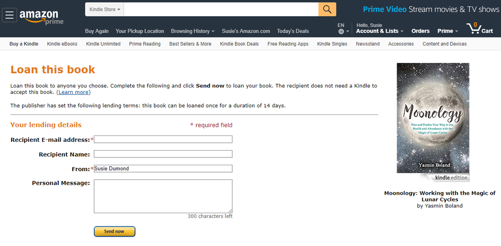 Screen shot - Kindle "Loan this book" page