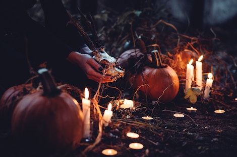hands holding an animal skull in a dark space filled with candles and pumpkins