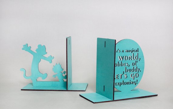 calvin and hobbes light blue wooden bookends