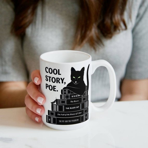 Cool story, Poe mug with black cat and books