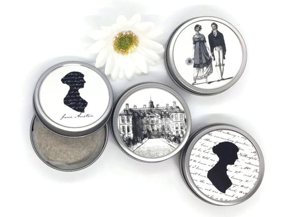 four Jane Austen-themed tea tins