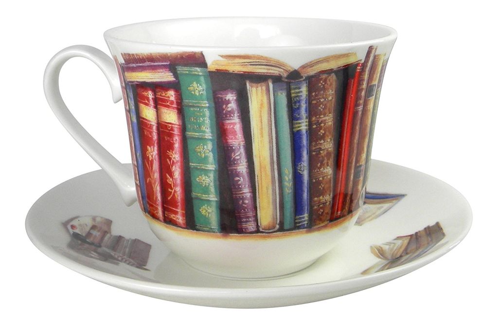 literary teacup and saucer with book pattern