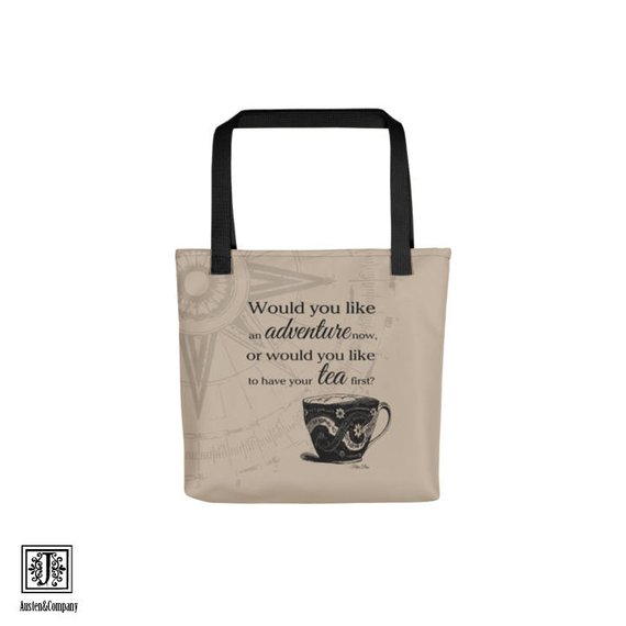 tote bag with a tea cup image and quote from peter pan