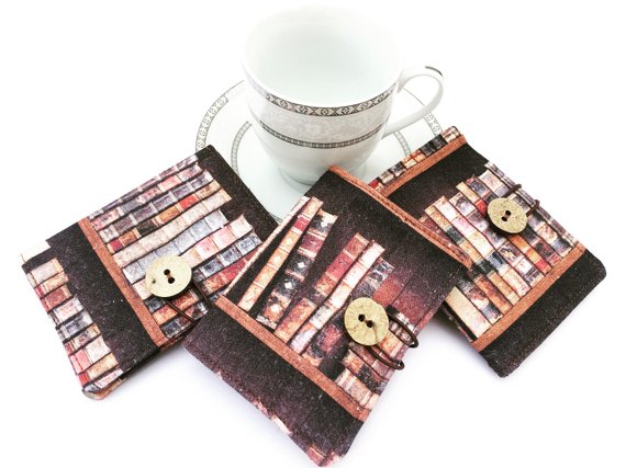 tea wallets made with bookshelf-print fabric