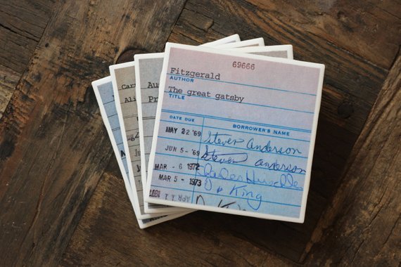 coasters with vintage library card designs