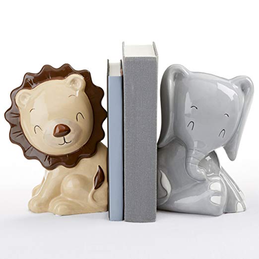Ceramic lion and elephant children's nursery bookends