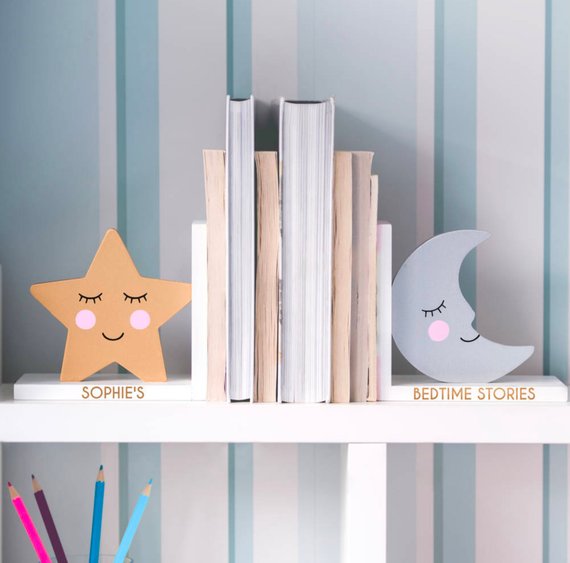 Star and moon personalized baby bookends