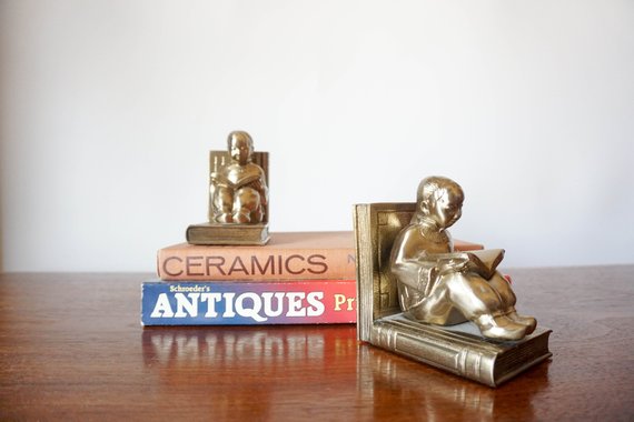 Vintage Brass Bookends Kids Reading