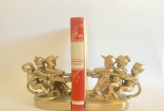 Vintage Brass Bookends Kids Playing Tug of War