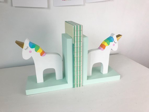 Wood Rainbow Unicorn Kids Bookends