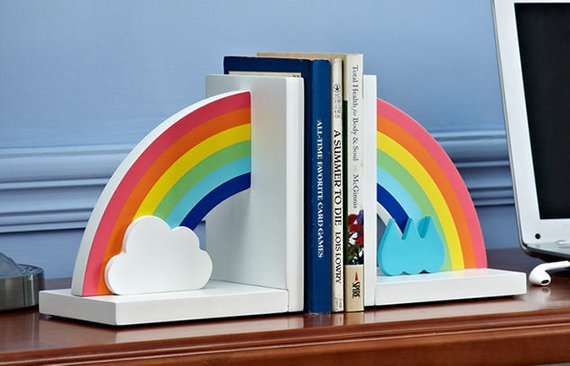 Wooden Rainbow with clouds and raindrops bookends