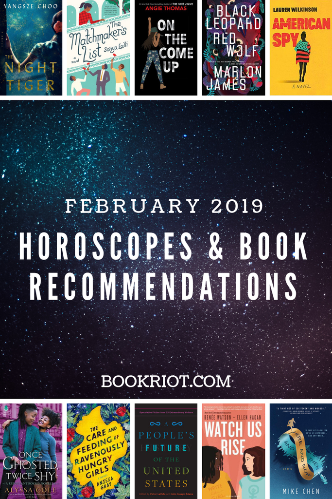 February 2019 Horoscopes and Book Recommendations Graphic with 10 new book covers