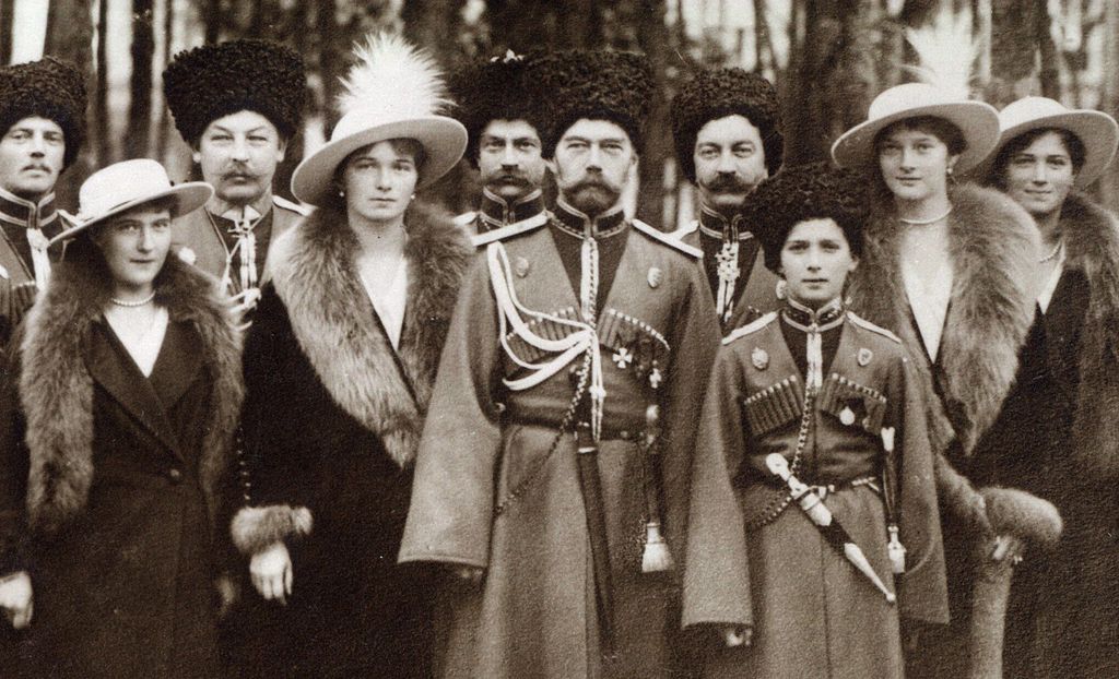 The Romanovs visiting a regiment during World War I. From left to right, Grand Duchess Anastasia, Grand Duchess Olga, Tsar Nicholas II, Tsarevich Alexei, Grand Duchess Tatiana, and Grand Duchess Maria, and Kuban Cossacks
