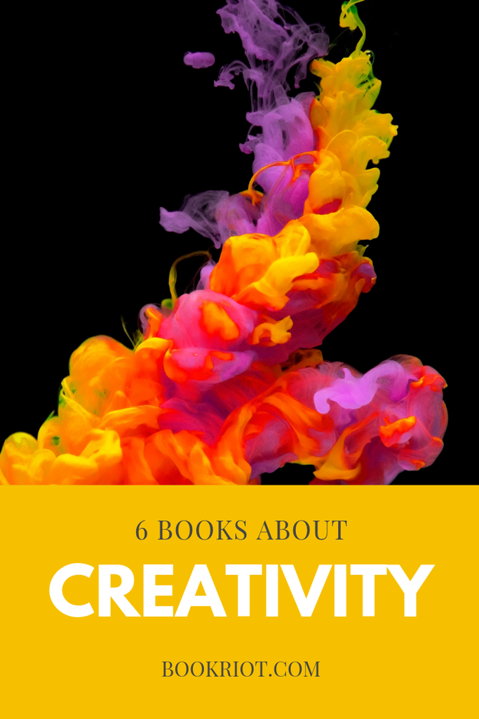 The text "Six books about creativity" with colorful smoke in front of a black background.