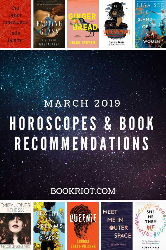 March 2019 Horoscopes and Book Recommendations graphic with ten book covers