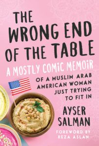 The Wrong End of the Table cover - pink with hummus and U.S. flag