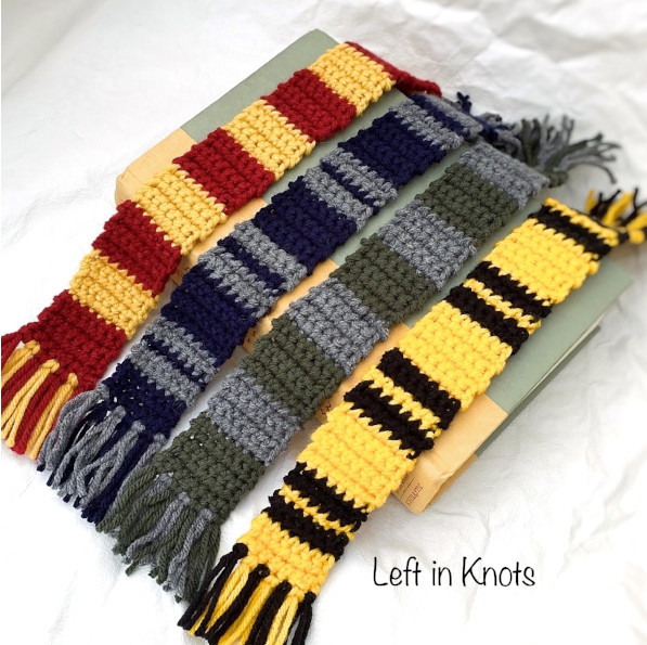 Crochet Hogwarts House Scarves from Left In Stitches