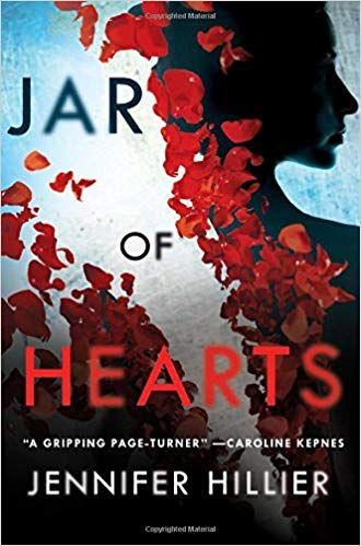 cover of Jar of Hearts by Jennifer Hillier; image of a woman in shadow, with rose petals breaking away from her back