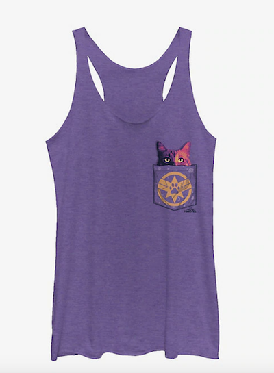 Purple tank top with pocket with Goose the Cat and Captain Marvel symbol