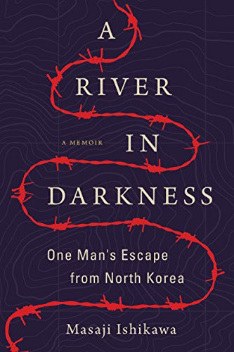 Book cover of A River in Darkness by Masaji Ishikawa; a bright red line snaking from top to bottom of page against a dark purple background