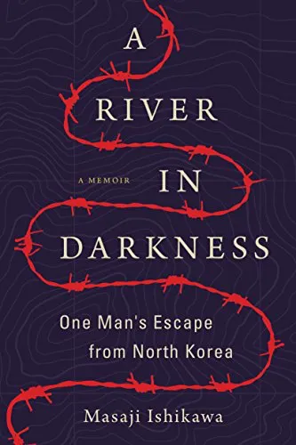Book cover of A River in Darkness by Masaji Ishikawa; a bright red line snaking from top to bottom of page against a dark purple background