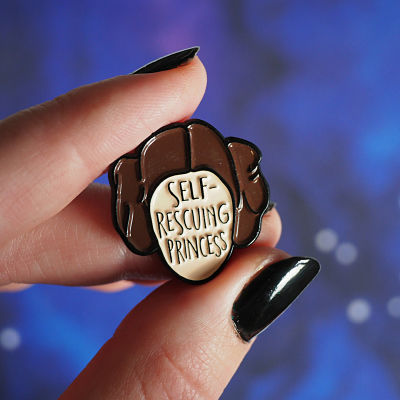 Princess Leia enamel pin with the text 'Self-Rescuing Princess'