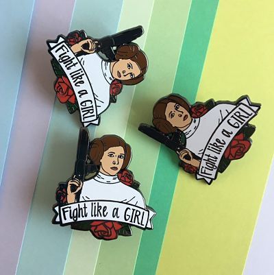 Princess Leia enamel pin with the text 'Fight Like A Girl'
