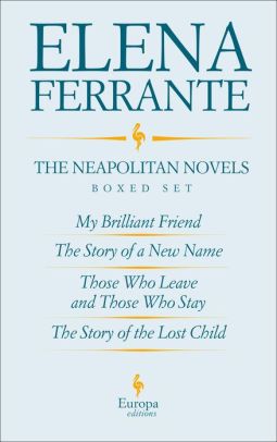 cover of The Neapolitan Novels Boxed Set by Elena Ferrante, showing the titles of each of the four novels in the series in blue text against a lighter blue background