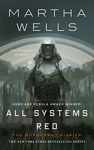 cover of All Systems Red (The Murderbot Diaries, #1); illustration of metal security bot, with plate armor and helmet