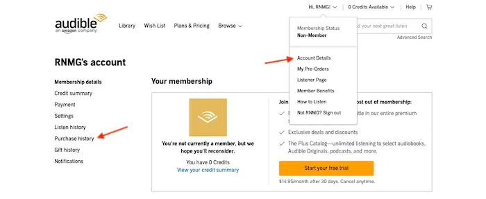screenshot of Account Summary page in an Audible member account
