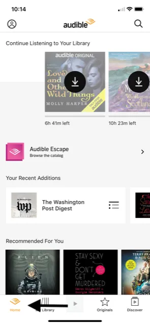 screenshot of landing page on the Audible app