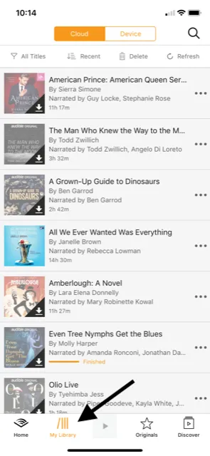 screenshot of a user's library in the Audible app