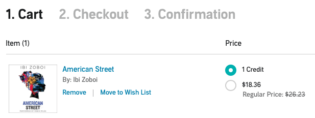 screenshot of a sample cart in Audible showing a book cover, it's title and author, and the option to purchase it for one credit or the price of $18.36