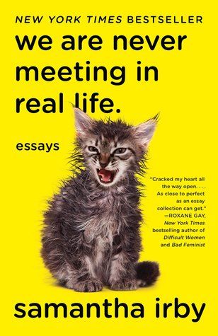 cover of We Are Never Meeting in Real Life by Samantha Irby; yellow with a photo of an angry gray kitten