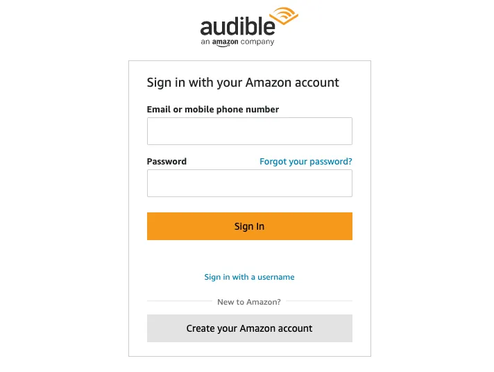screenshot of Audible account login page, current as of 2022